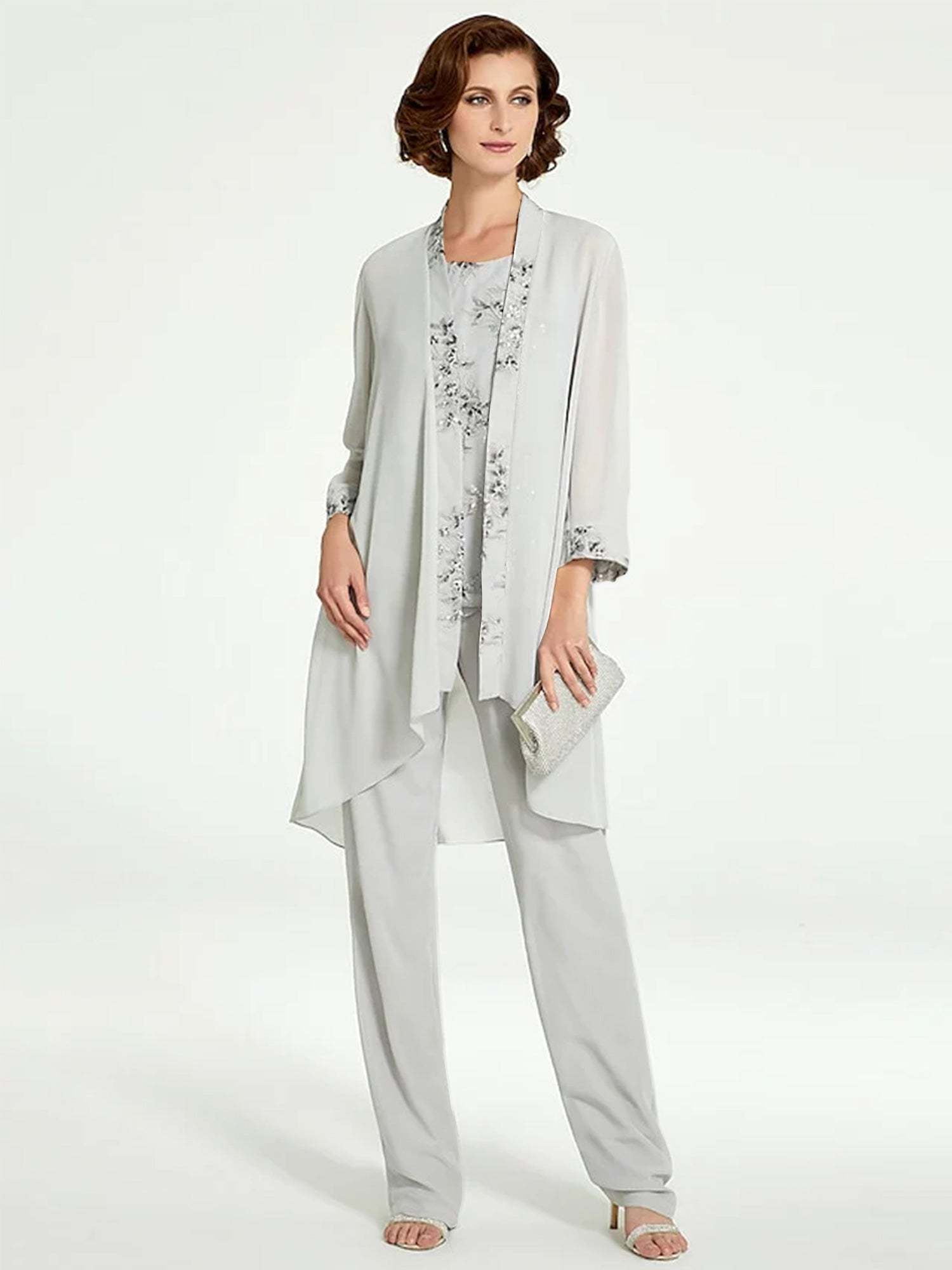 Floor-Length Round Neck Chiffon Pantsuits with Jacket for the Mother of the Bride