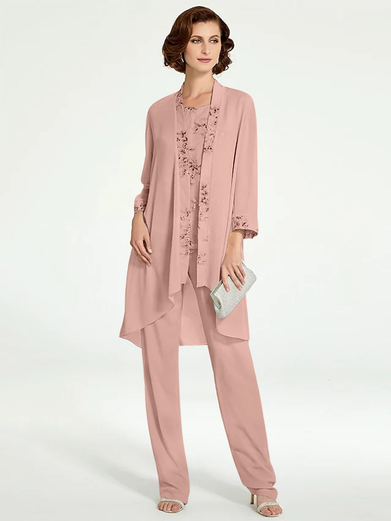 Floor-Length Round Neck Chiffon Pantsuits with Jacket for the Mother of the Bride