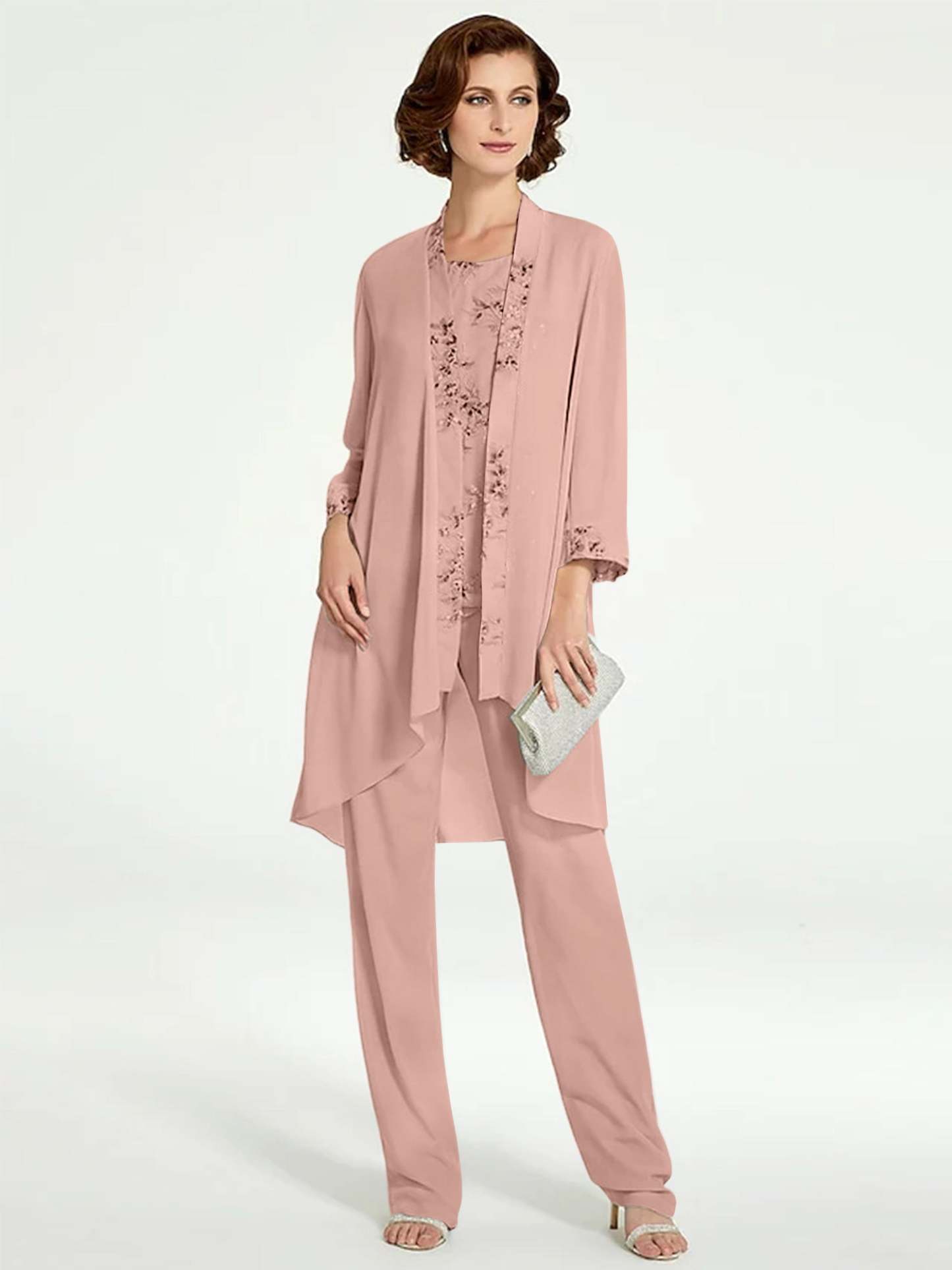Floor-Length Round Neck Chiffon Pantsuits with Jacket for the Mother of the Bride