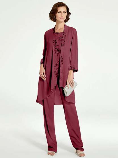 Floor-Length Round Neck Chiffon Pantsuits with Jacket for the Mother of the Bride