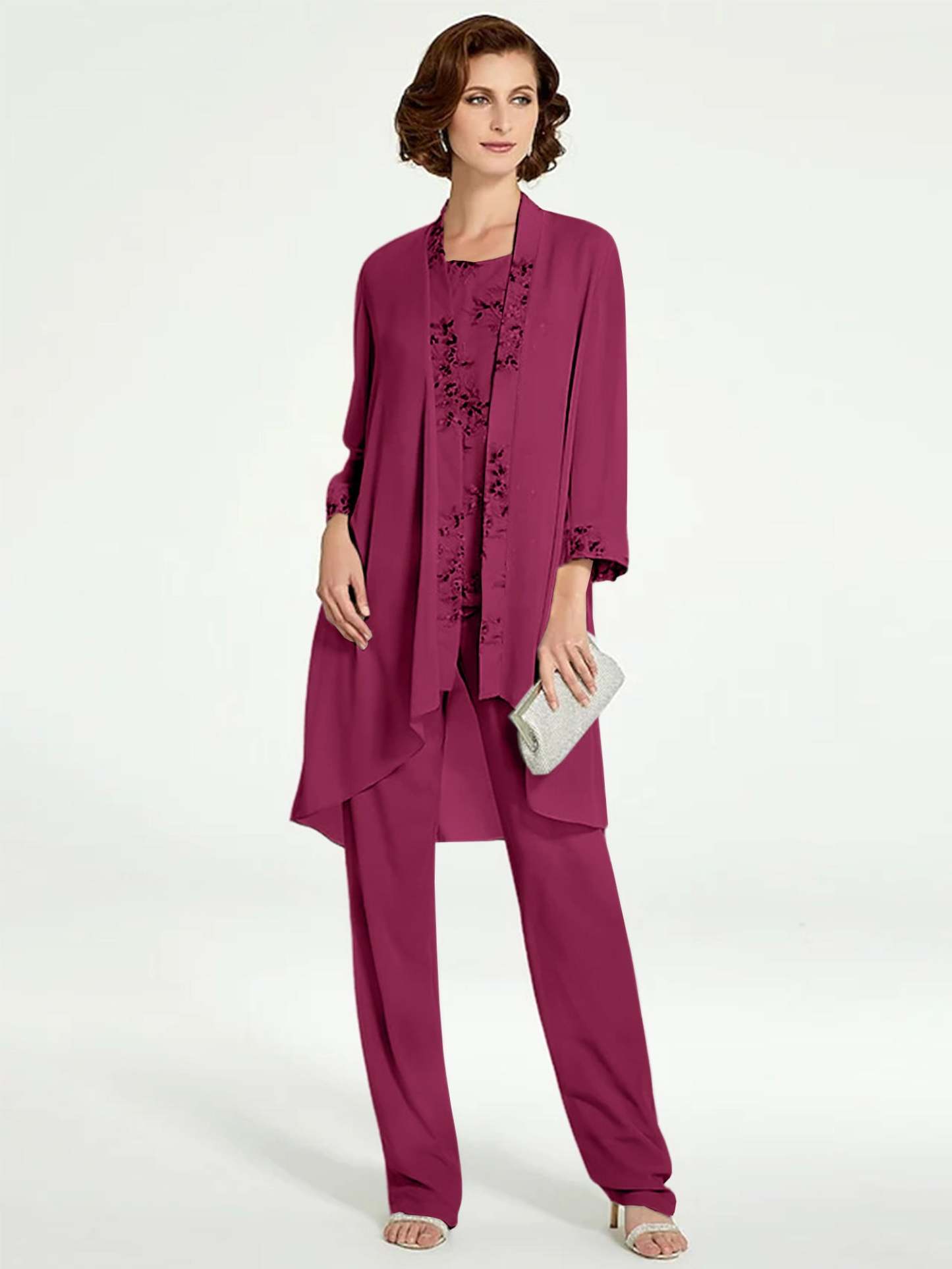 Floor-Length Round Neck Chiffon Pantsuits with Jacket for the Mother of the Bride