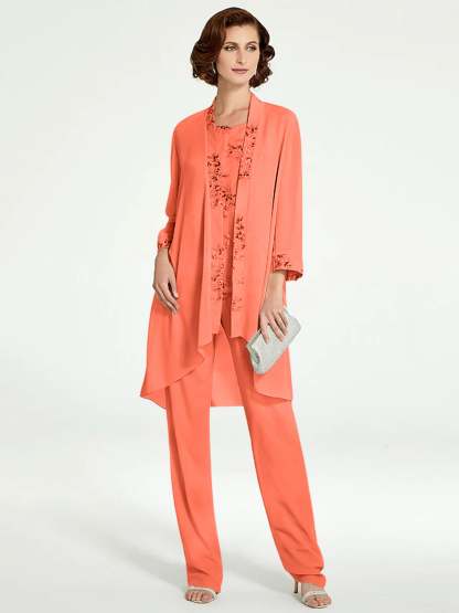 Floor-Length Round Neck Chiffon Pantsuits with Jacket for the Mother of the Bride