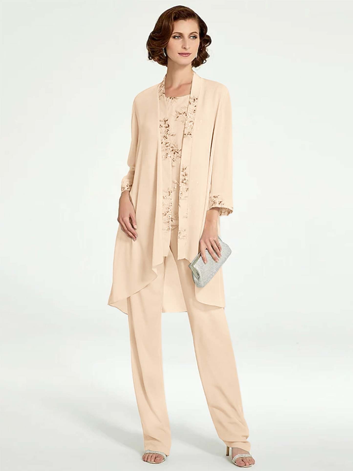 Floor-Length Round Neck Chiffon Pantsuits with Jacket for the Mother of the Bride