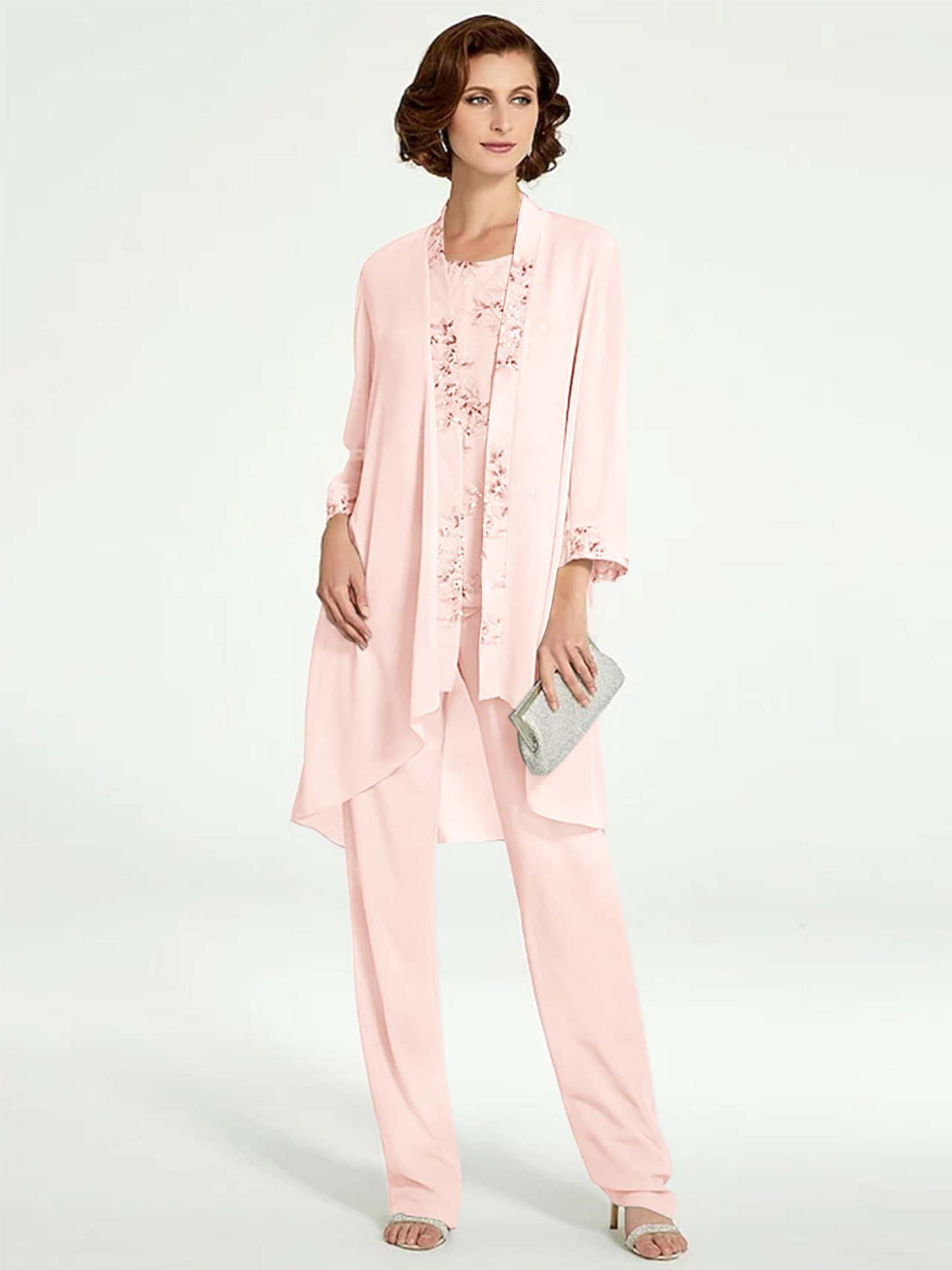 Floor-Length Round Neck Chiffon Pantsuits with Jacket for the Mother of the Bride