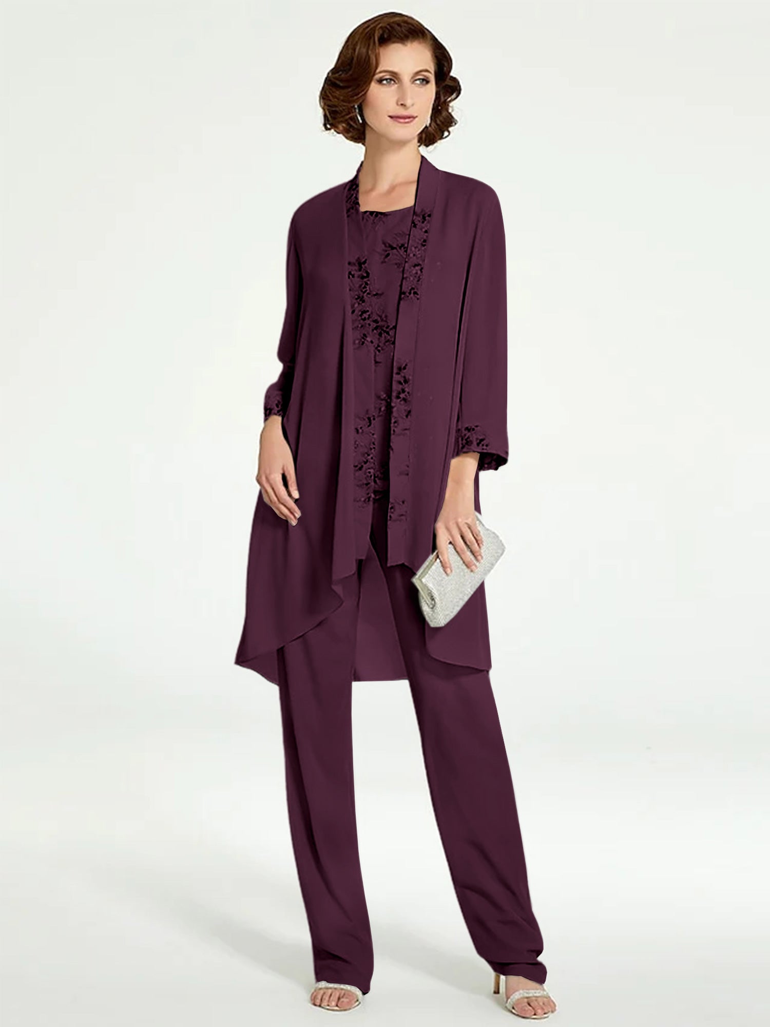 Floor-Length Round Neck Chiffon Pantsuits with Jacket for the Mother of the Bride