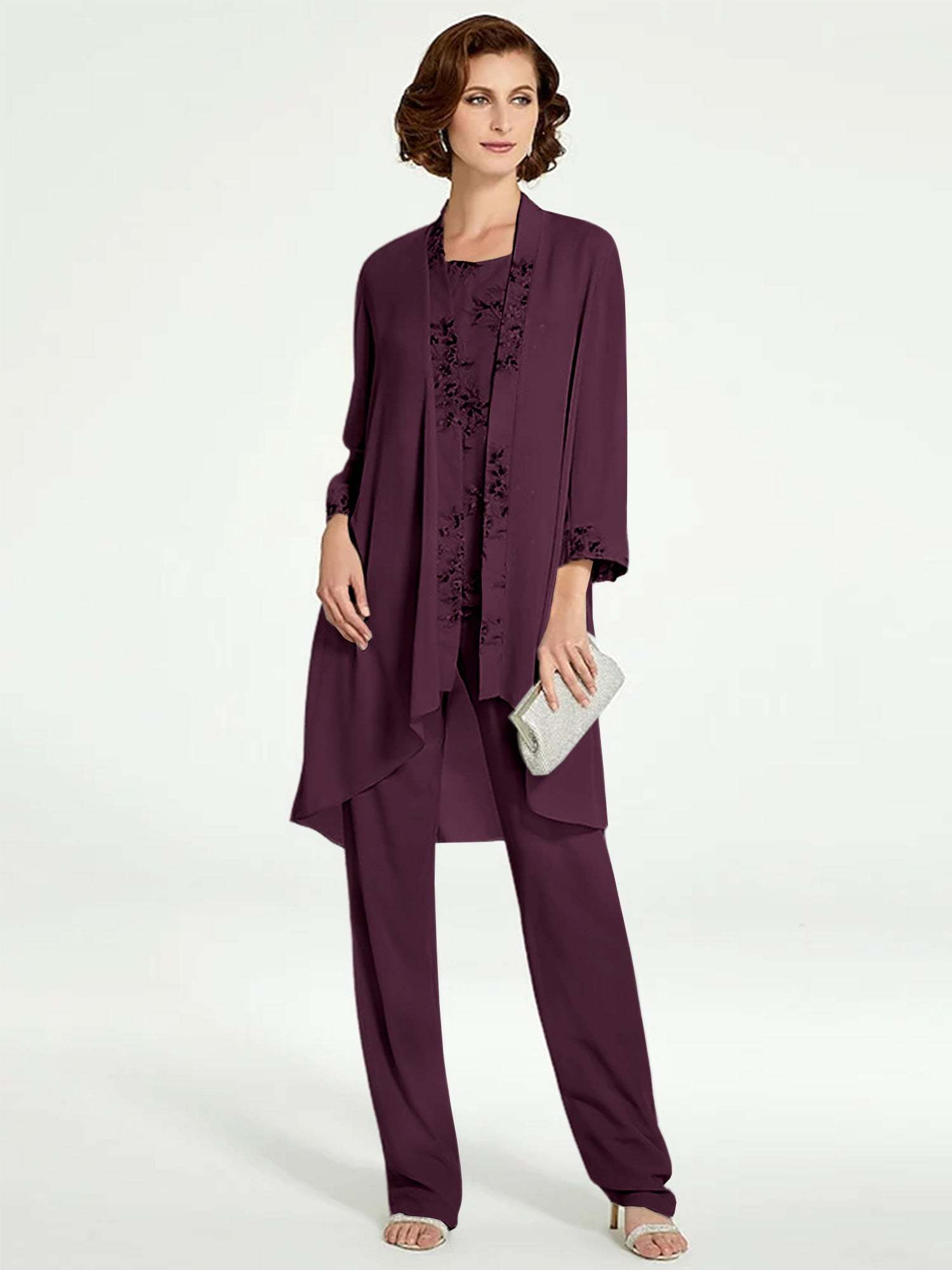 Floor-Length Round Neck Chiffon Pantsuits with Jacket for the Mother of the Bride