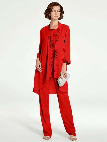 Floor-Length Round Neck Chiffon Pantsuits with Jacket for the Mother of the Bride