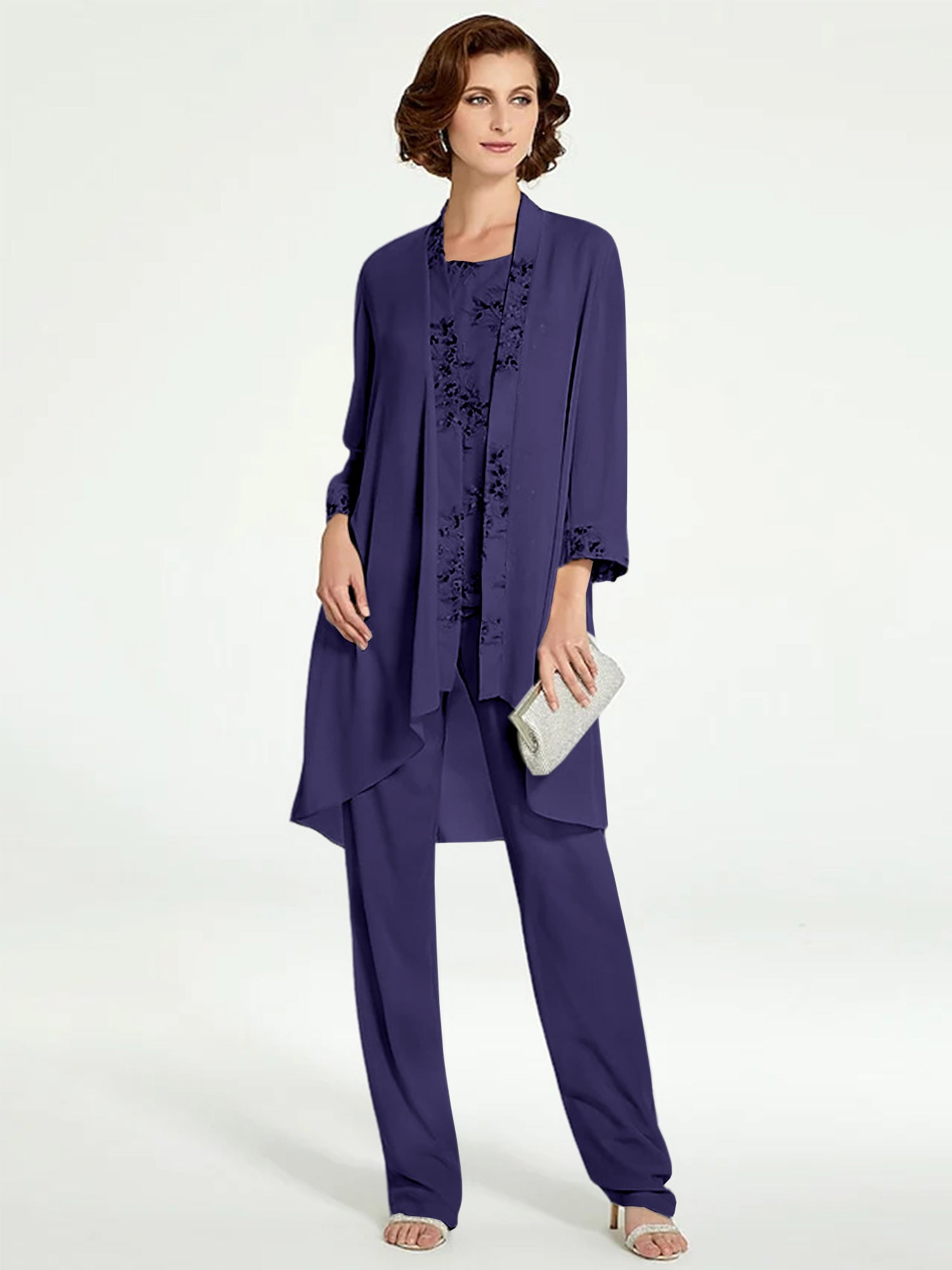 Floor-Length Round Neck Chiffon Pantsuits with Jacket for the Mother of the Bride