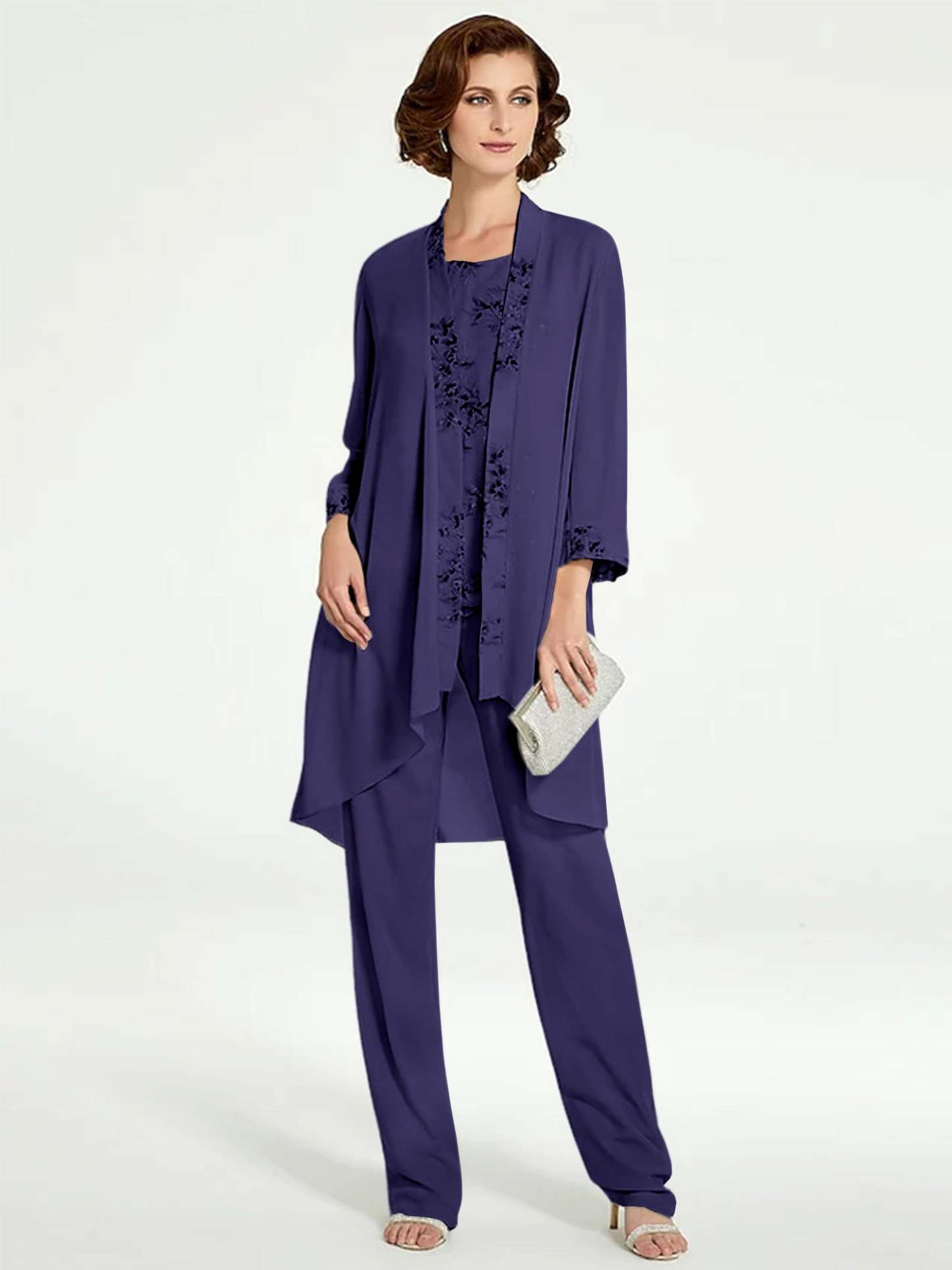 Floor-Length Round Neck Chiffon Pantsuits with Jacket for the Mother of the Bride