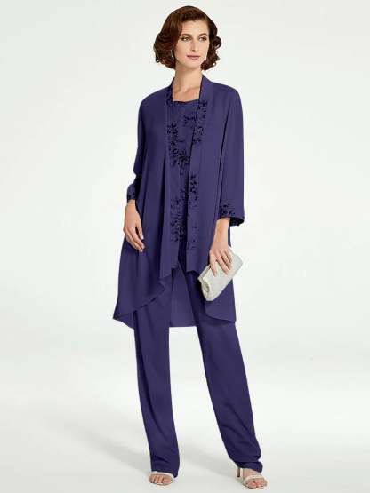 Floor-Length Round Neck Chiffon Pantsuits with Jacket for the Mother of the Bride