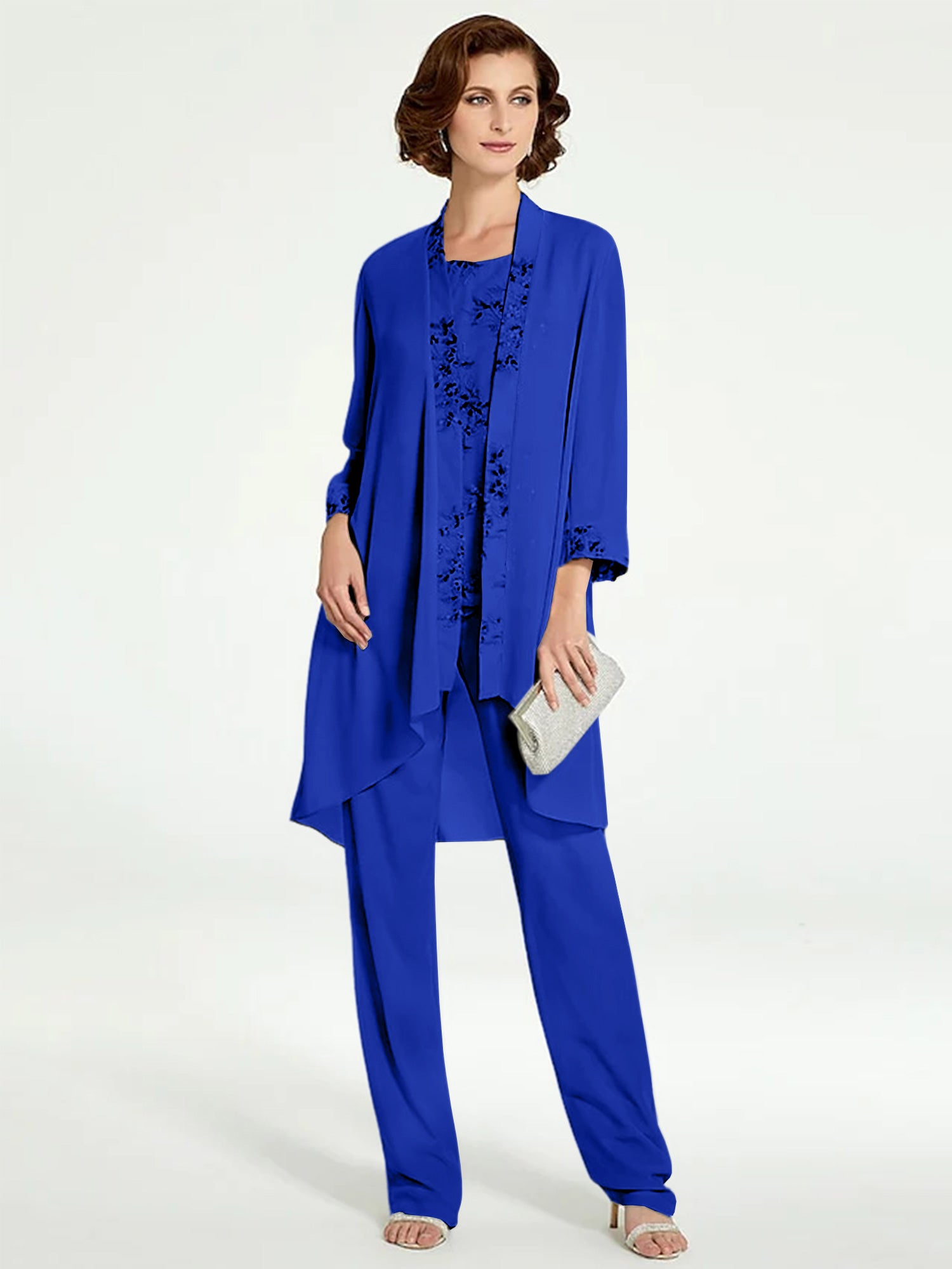 Floor-Length Round Neck Chiffon Pantsuits with Jacket for the Mother of the Bride