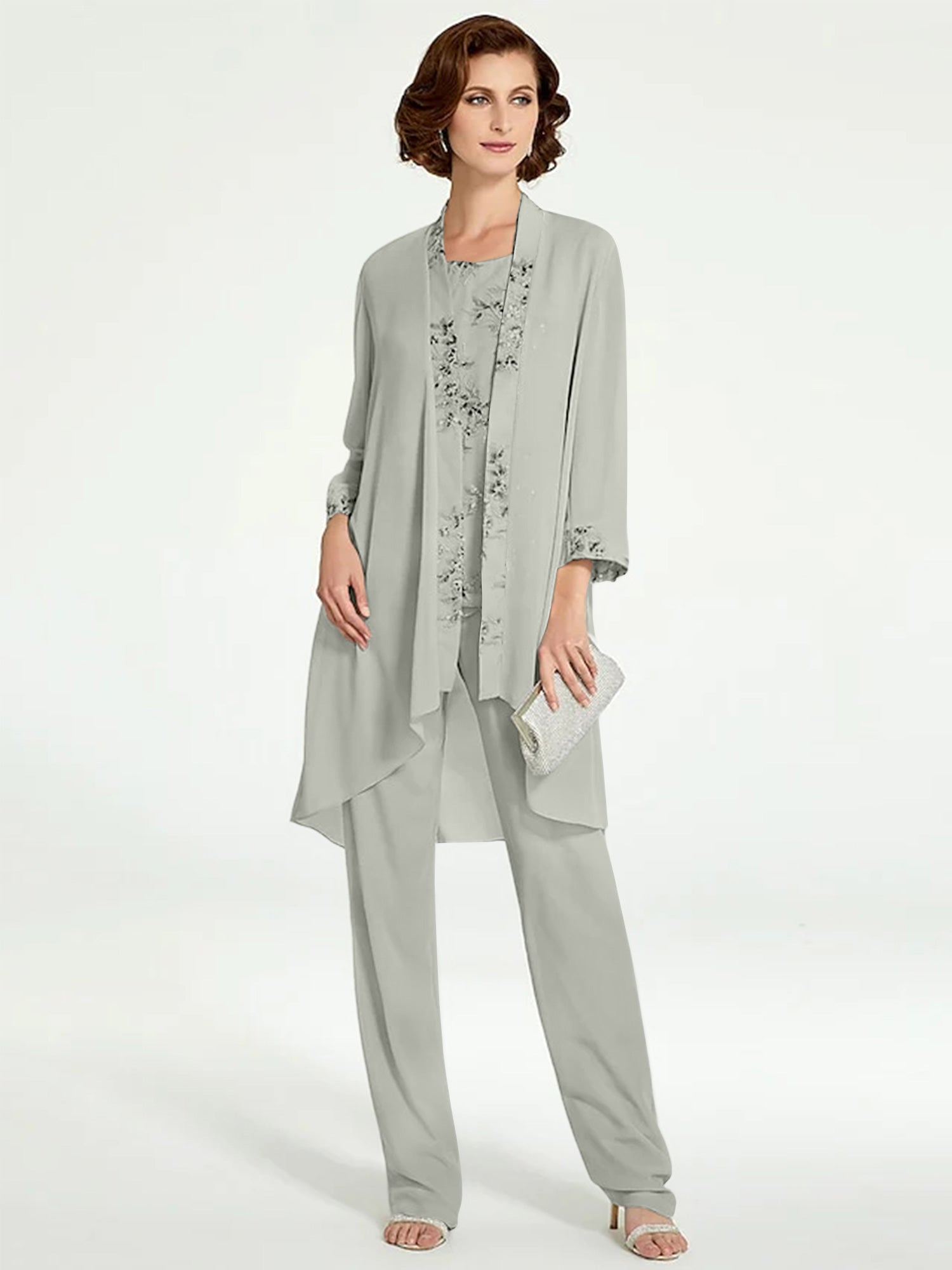 Floor-Length Round Neck Chiffon Pantsuits with Jacket for the Mother of the Bride