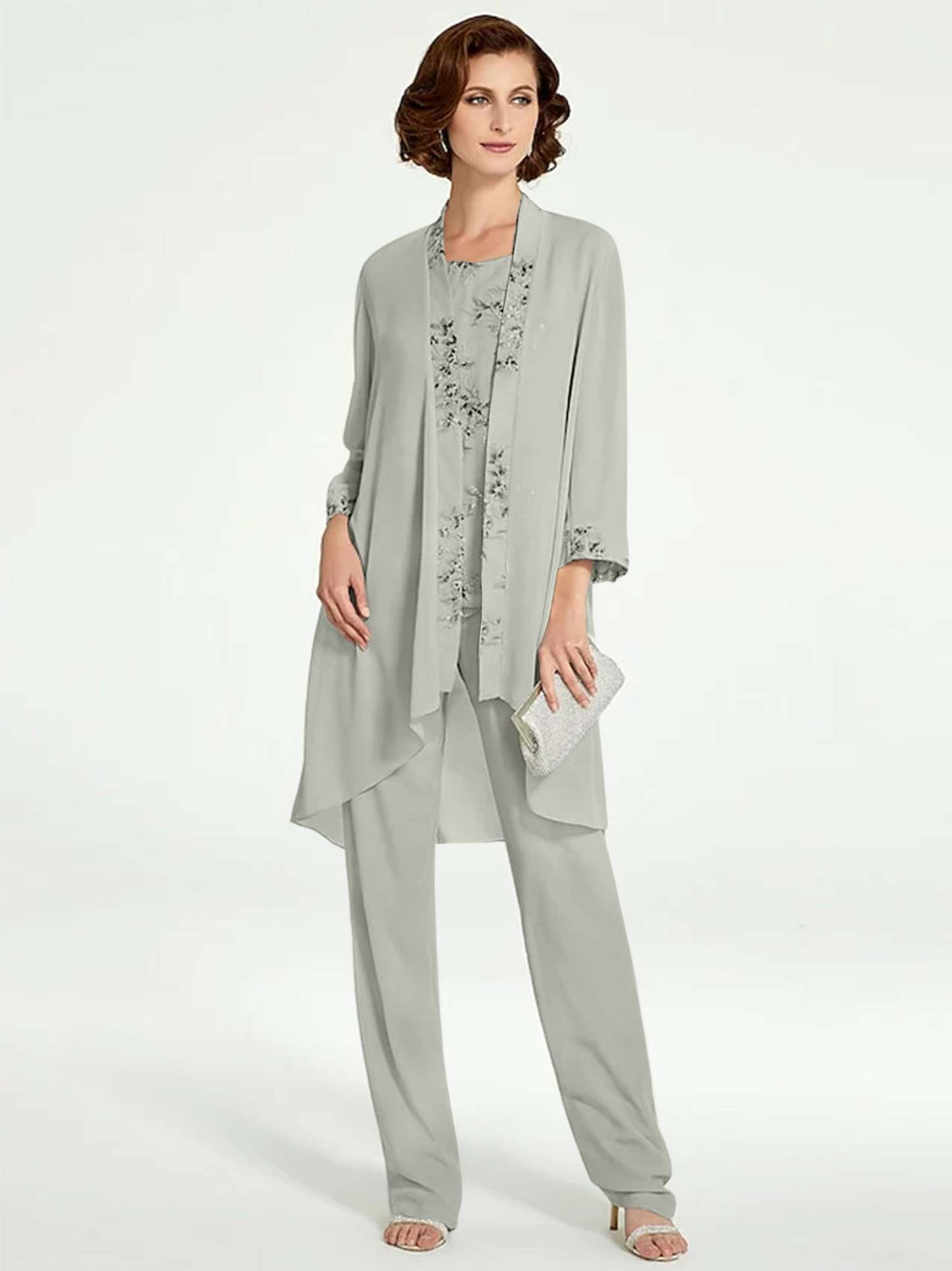 Floor-Length Round Neck Chiffon Pantsuits with Jacket for the Mother of the Bride
