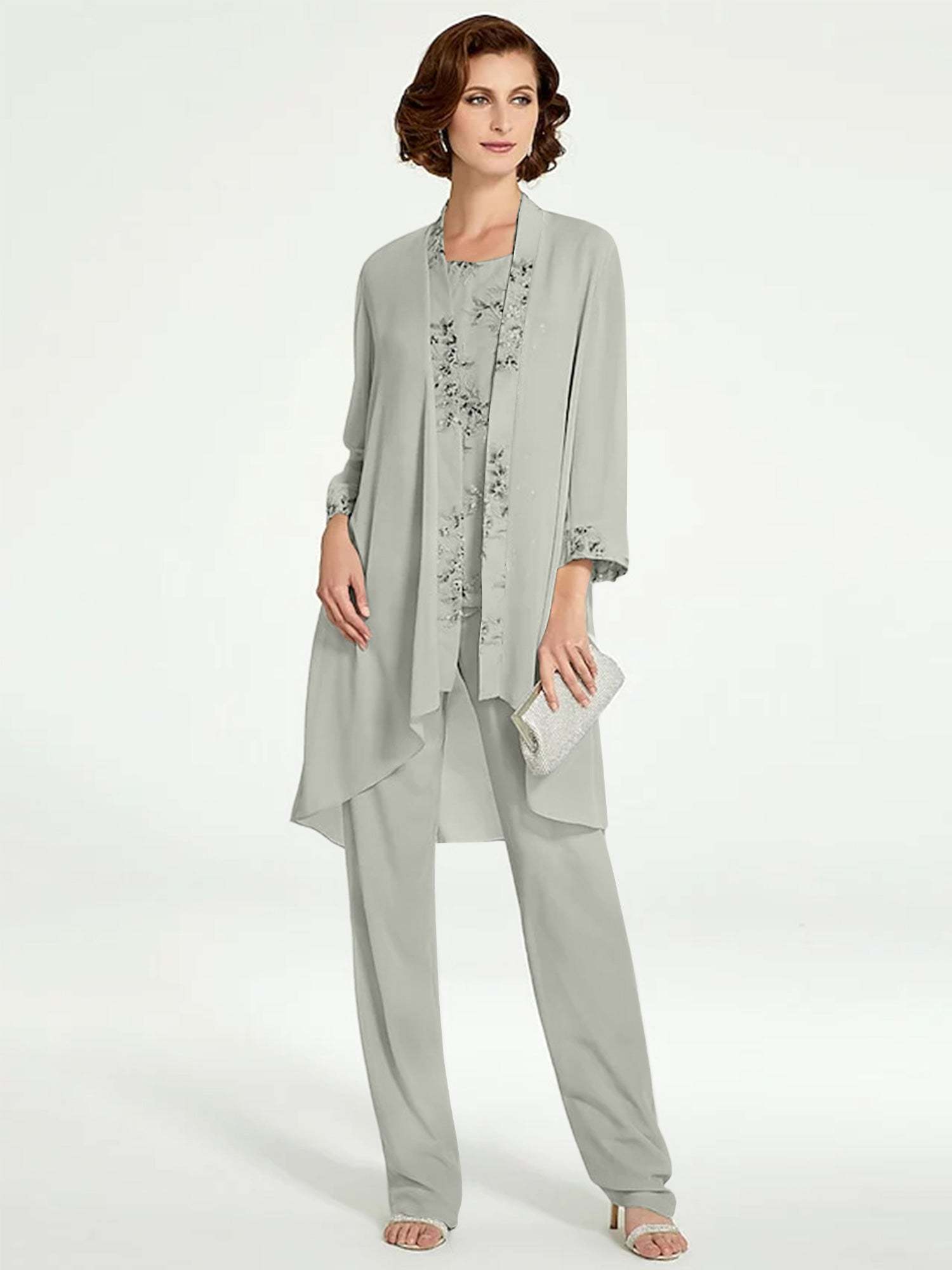 Floor-Length Round Neck Chiffon Pantsuits with Jacket for the Mother of the Bride