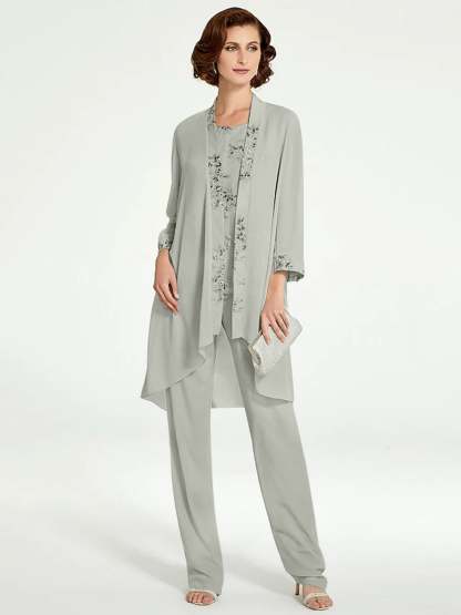 Floor-Length Round Neck Chiffon Pantsuits with Jacket for the Mother of the Bride