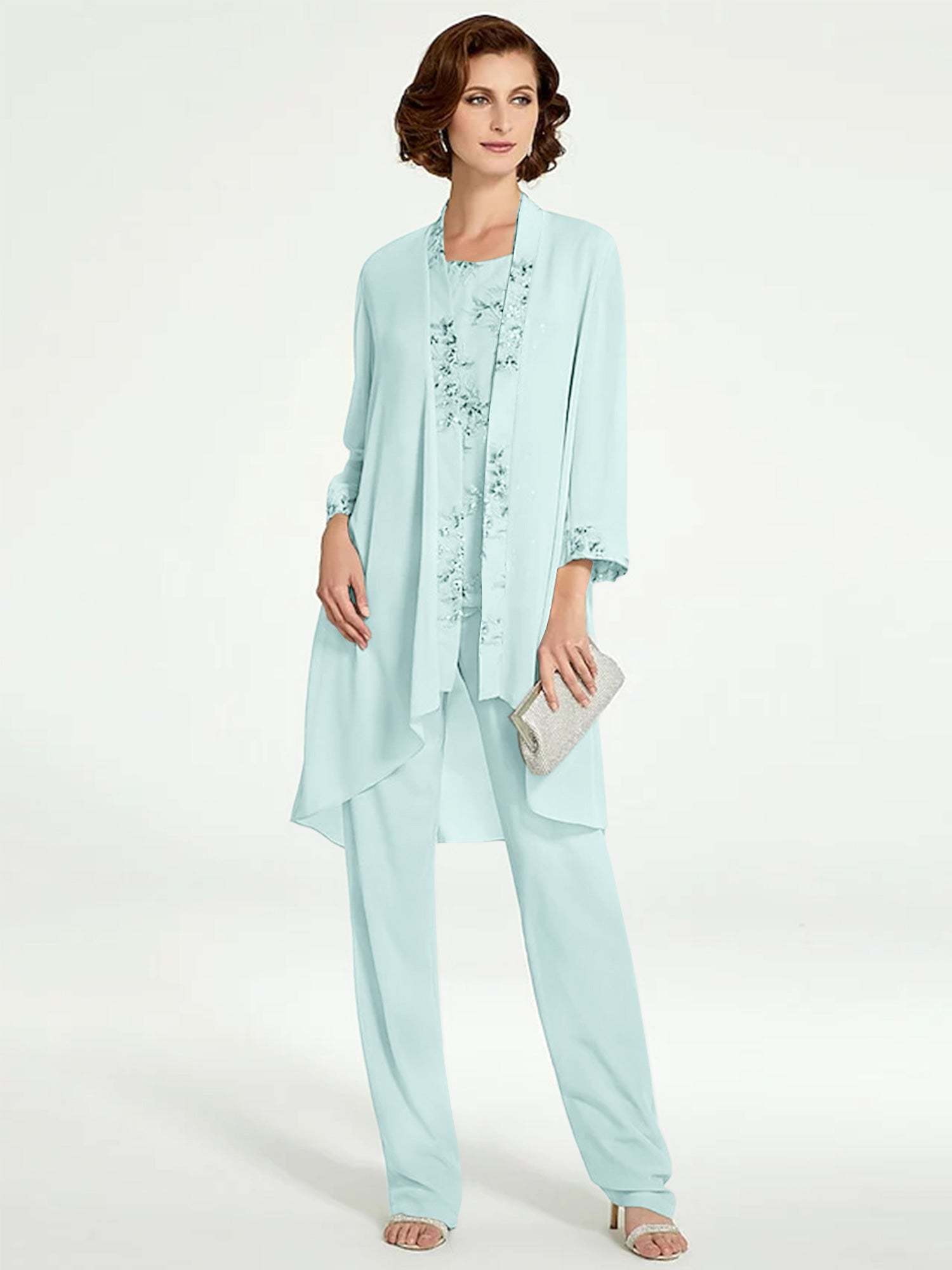 Floor-Length Round Neck Chiffon Pantsuits with Jacket for the Mother of the Bride