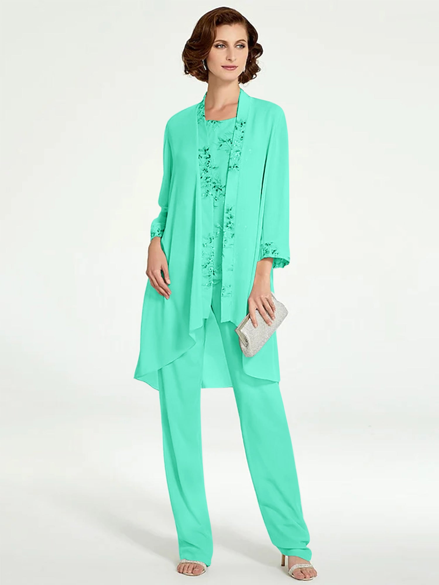 Floor-Length Round Neck Chiffon Pantsuits with Jacket for the Mother of the Bride