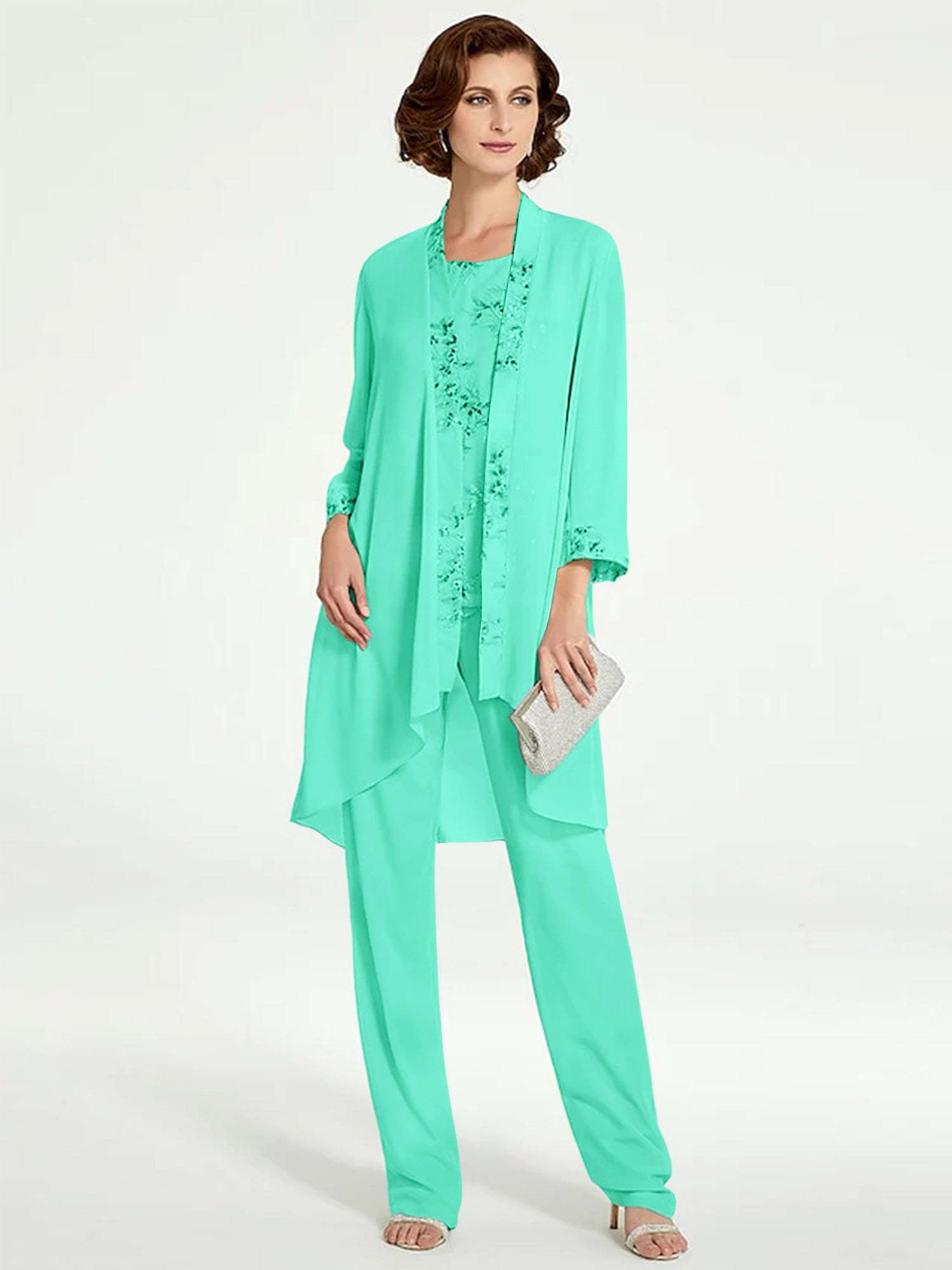 Floor-Length Round Neck Chiffon Pantsuits with Jacket for the Mother of the Bride