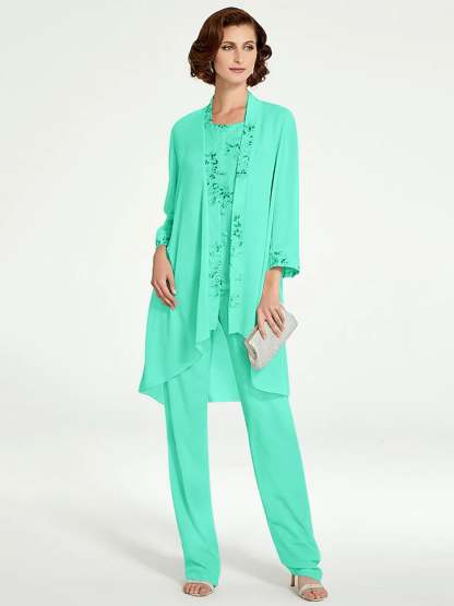 Floor-Length Round Neck Chiffon Pantsuits with Jacket for the Mother of the Bride
