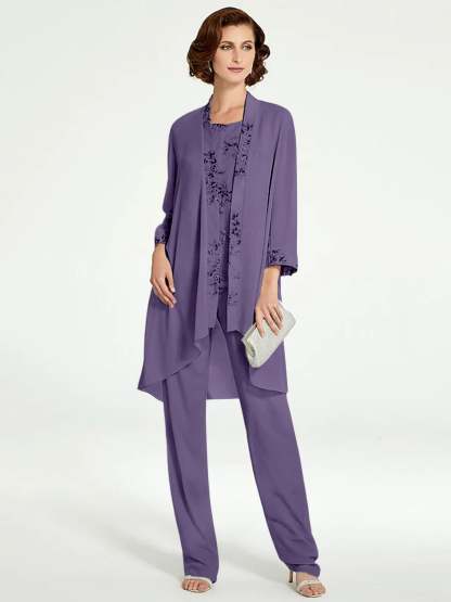 Floor-Length Round Neck Chiffon Pantsuits with Jacket for the Mother of the Bride