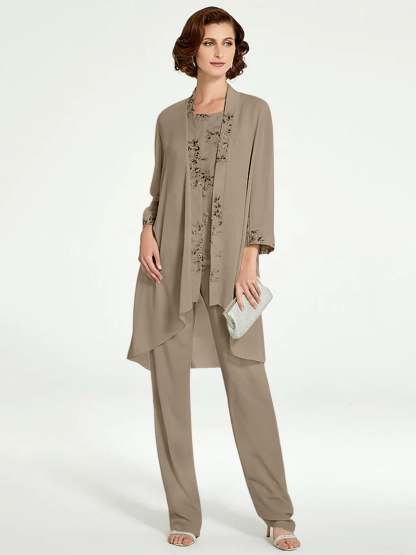 Floor-Length Round Neck Chiffon Pantsuits with Jacket for the Mother of the Bride