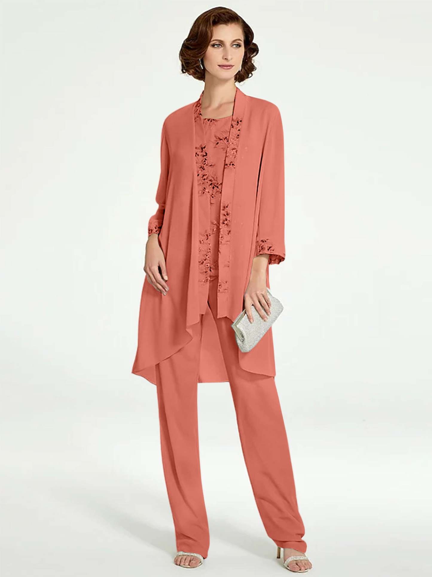 Floor-Length Round Neck Chiffon Pantsuits with Jacket for the Mother of the Bride
