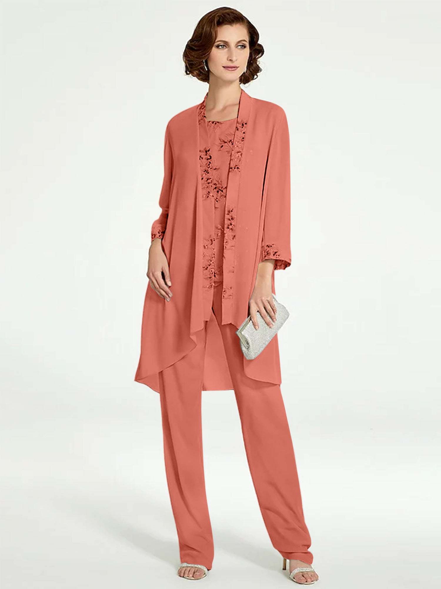 Floor-Length Round Neck Chiffon Pantsuits with Jacket for the Mother of the Bride