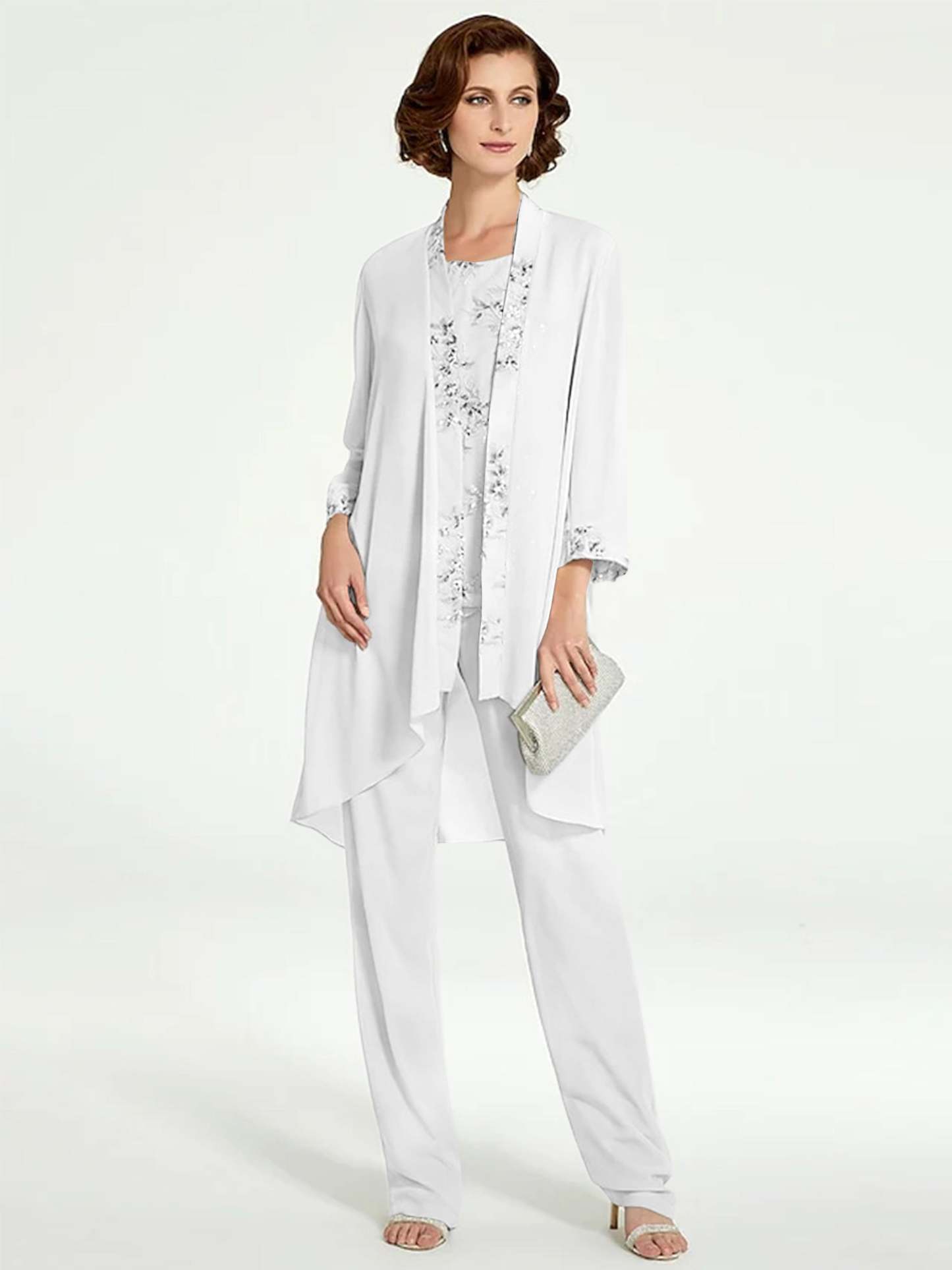 Floor-Length Round Neck Chiffon Pantsuits with Jacket for the Mother of the Bride