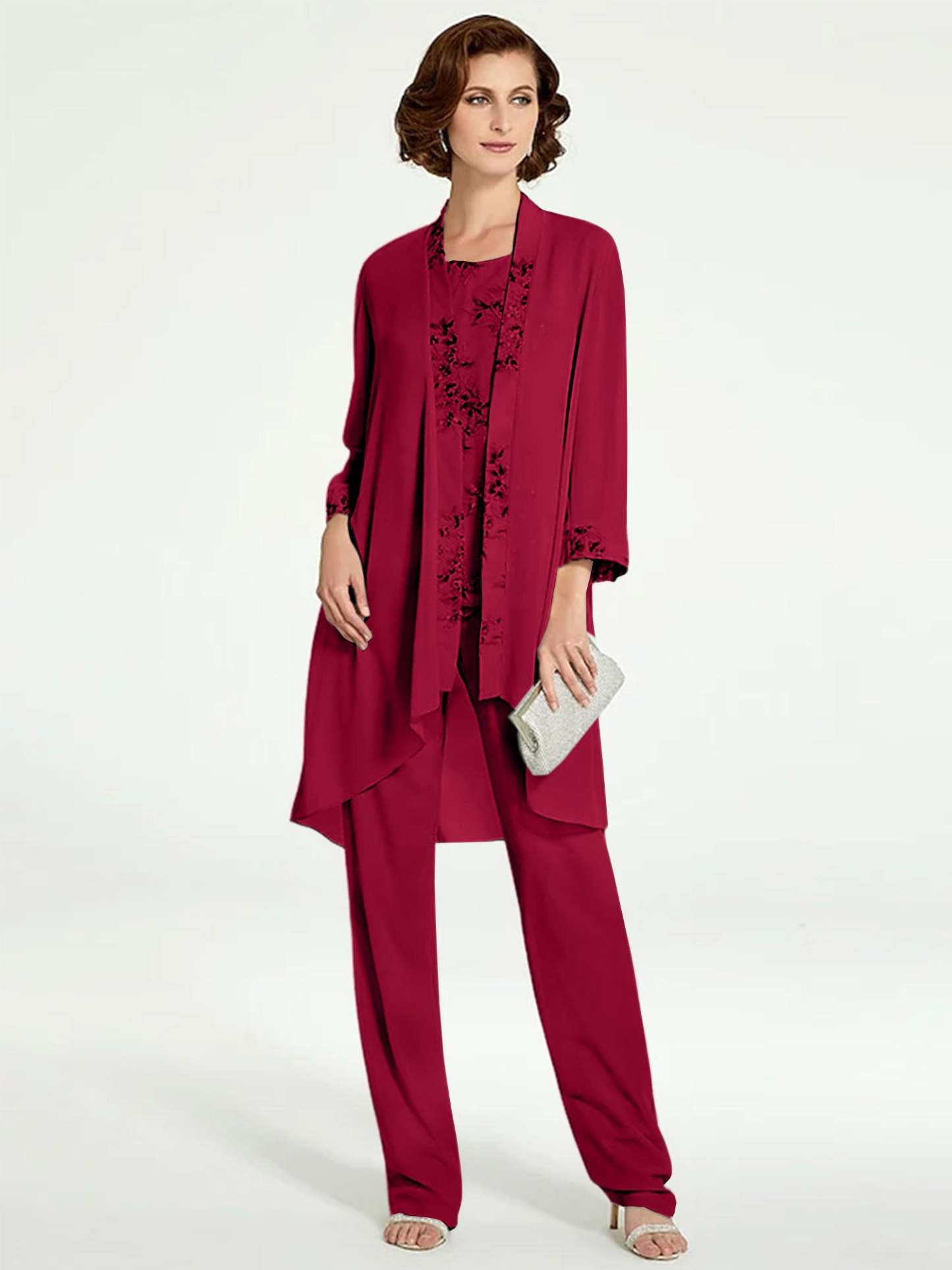 Floor-Length Round Neck Chiffon Pantsuits with Jacket for the Mother of the Bride
