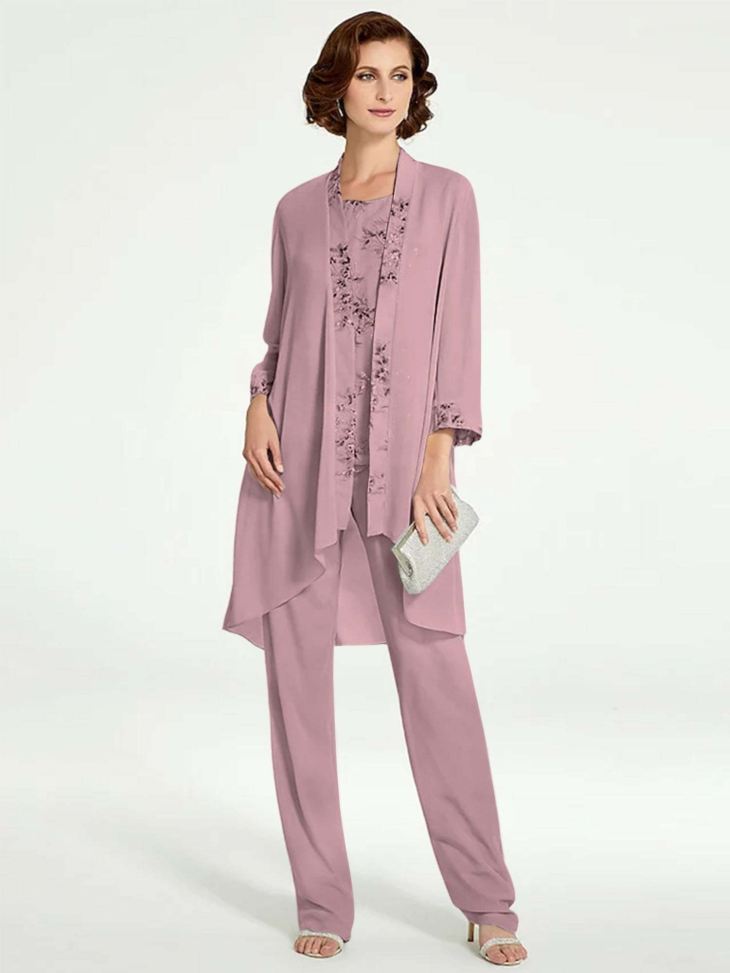 Floor-Length Round Neck Chiffon Pantsuits with Jacket for the Mother of the Bride