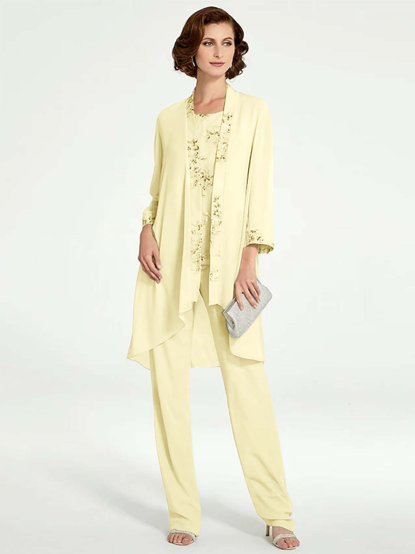 Floor-Length Round Neck Chiffon Pantsuits with Jacket for the Mother of the Bride