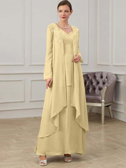 Floor-Length V-Neck A-Line Princess Gown for the Mother of the Bride