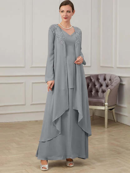 Floor-Length V-Neck A-Line Princess Gown for the Mother of the Bride