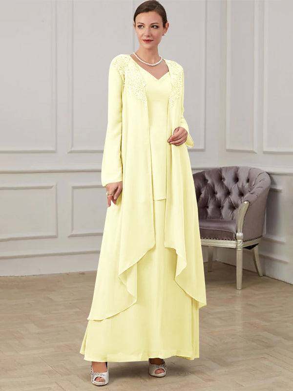 Floor-Length V-Neck A-Line Princess Gown for the Mother of the Bride