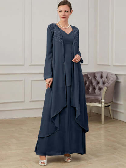 Floor-Length V-Neck A-Line Princess Gown for the Mother of the Bride