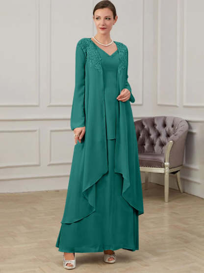 Floor-Length V-Neck A-Line Princess Gown for the Mother of the Bride
