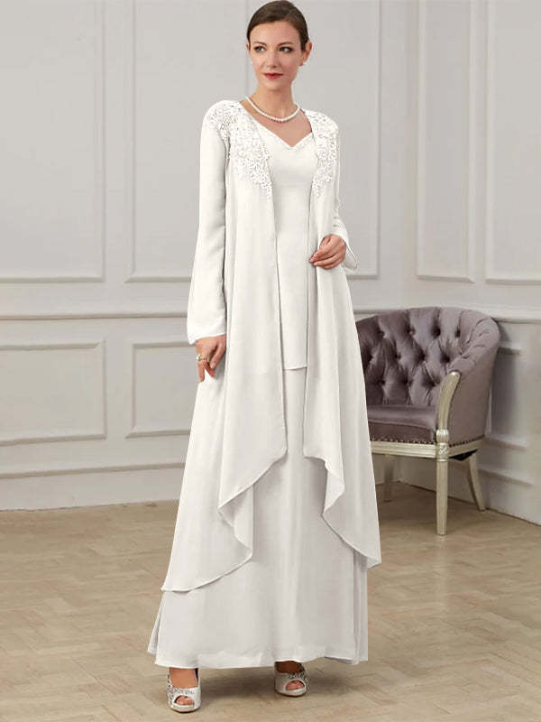 Floor-Length V-Neck A-Line Princess Gown for the Mother of the Bride