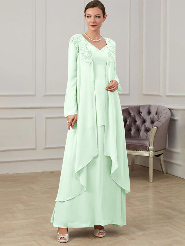 Floor-Length V-Neck A-Line Princess Gown for the Mother of the Bride