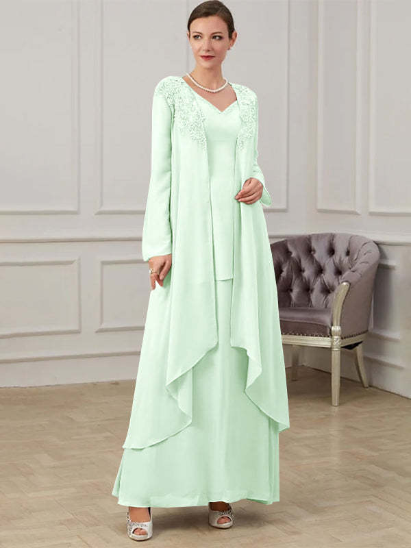 Floor-Length V-Neck A-Line Princess Gown for the Mother of the Bride