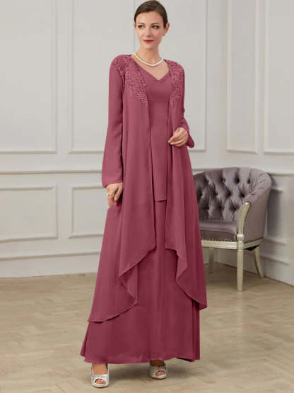 Floor-Length V-Neck A-Line Princess Gown for the Mother of the Bride