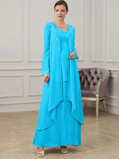 Floor-Length V-Neck A-Line Princess Gown for the Mother of the Bride
