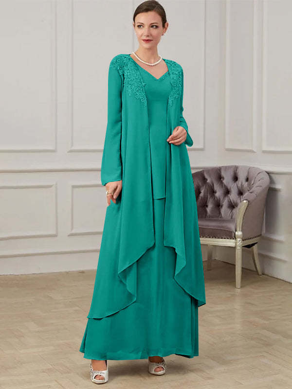 Floor-Length V-Neck A-Line Princess Gown for the Mother of the Bride