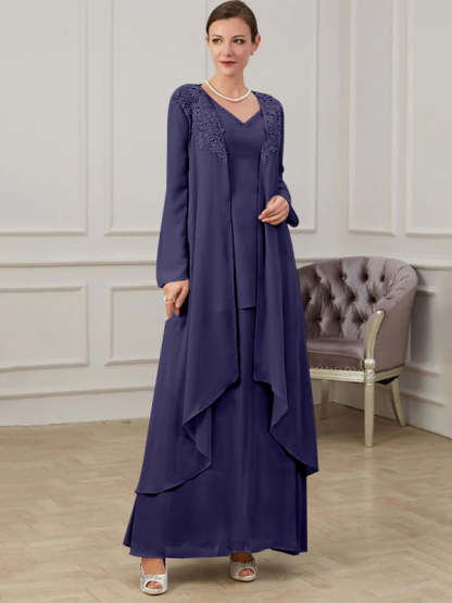 Floor-Length V-Neck A-Line Princess Gown for the Mother of the Bride