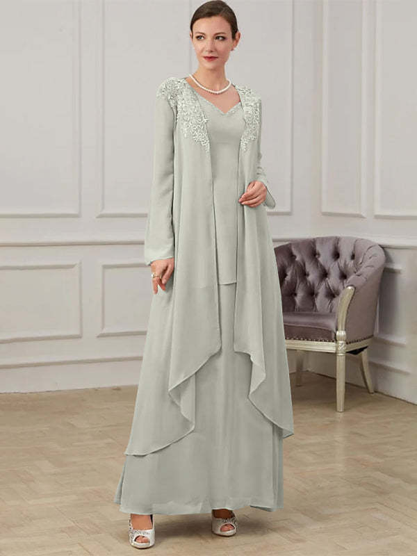 Floor-Length V-Neck A-Line Princess Gown for the Mother of the Bride