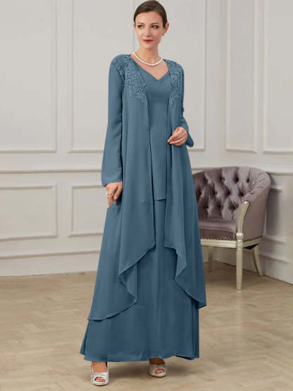 Floor-Length V-Neck A-Line Princess Gown for the Mother of the Bride