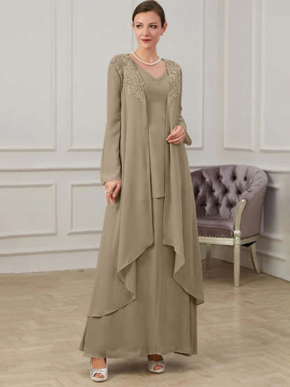 Floor-Length V-Neck A-Line Princess Gown for the Mother of the Bride