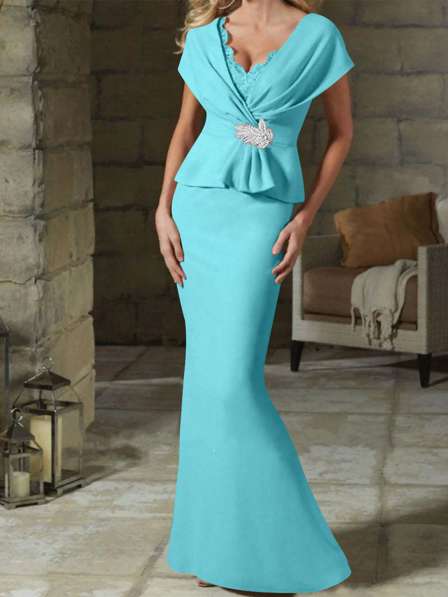 V-Neck Belted Mother of the Bride Sheath/Column Dresses