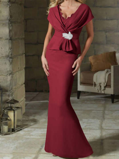 V-Neck Belted Mother of the Bride Sheath/Column Dresses