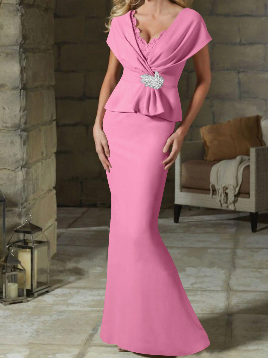 V-Neck Belted Mother of the Bride Sheath/Column Dresses