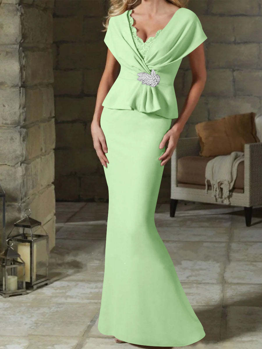 V-Neck Belted Mother of the Bride Sheath/Column Dresses